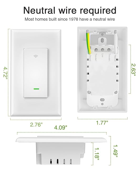 GHome Smart Switch, 3 Way Wi-Fi Light Switch Compatible with Alexa and Google Home, 2.4GHz Schedule Timer, Neutral Wire Required, 3-Way Installation, FCC Listed (4-Pack),White GhomeSmart