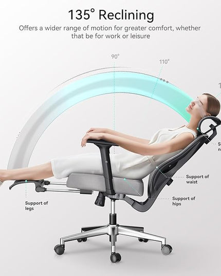 Hbada Ergonomic Office Chair, Desk Chair with Adjustable Lumbar Support and Height, Comfortable Mesh Computer Chair with Footrest 2D Headrest, Swivel Tilt Function Grey - LeafyLoom