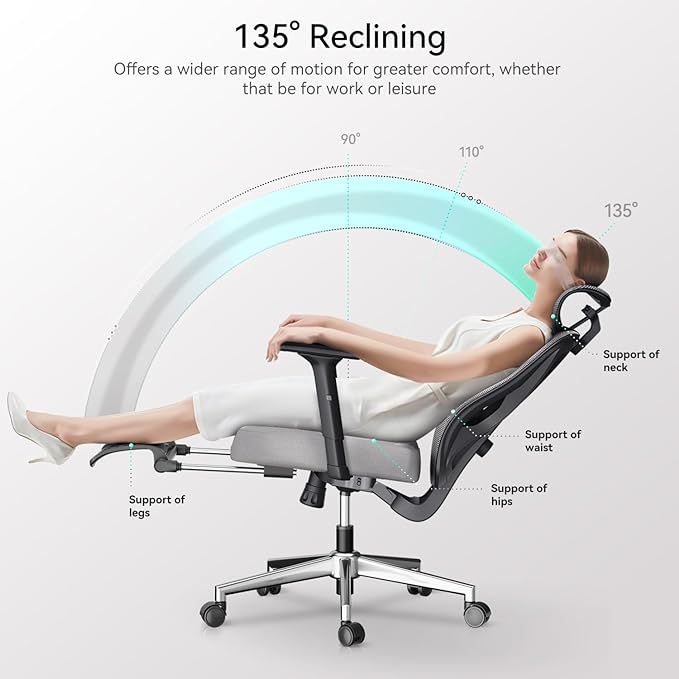 Hbada Ergonomic Office Chair, Desk Chair with Adjustable Lumbar Support and Height, Comfortable Mesh Computer Chair with Footrest 2D Headrest, Swivel Tilt Function Grey - LeafyLoom