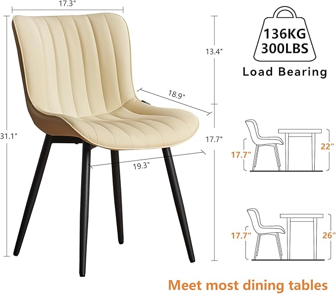 YOUNUOKE Beige Dining Chairs Set of 2 Upholstered Mid Century Kitchen Chairs Armless Faux Leather Modern Side Chair with Padded Backs Metal Legs for Living Room Bedrooms - LeafyLoom