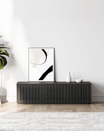 POVISON Mid Century Modern TV Stand, 59.06" Solid Wood Black Media Console for 55 inch TV, Full Assembled Entertainment Center with Storage for Living Room, Low Cabinet with Removable Shelves - LeafyLoom