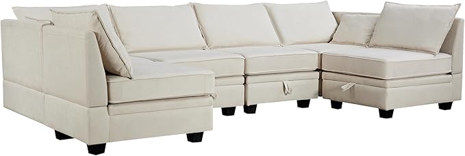 115.1" Modern Large U-Shape Modular Sectional Sofa with Reversible Chaise and Storage Seat, Convertible Sleeper Couch Bed for Living Room, Apartment, Office, Beige, 115.1 Inch - LeafyLoom