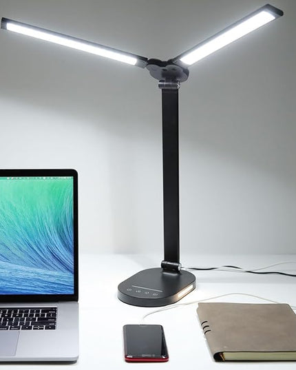 LED Desk Lamps for Home Office, 14W Double Swing Arm Desk Lamp with USB Charging Port, Eye-Caring Architect Task Lamp, Touch Control Desktop Lamp with Night Light Table Light for Work Study Craft - LeafyLoom