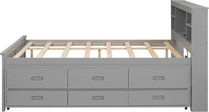 Full Size Platform Bed with Headboard Bookcase, USB Charge, Twin Trundle and 3 Drawers Storage, Wood Captain Bedframe for Bedroom Guest Room, Gray - LeafyLoom
