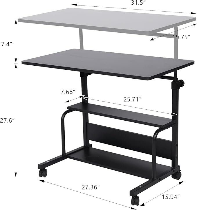 Portable Desk Small Desks for Small Spaces Laptop Table Black Rolling Adjustable Desk on Wheels Mobile Couch Desk for Bedroom Home Office Computer Standing Desk Student Desk with Storage 32x16 Inch - LeafyLoom