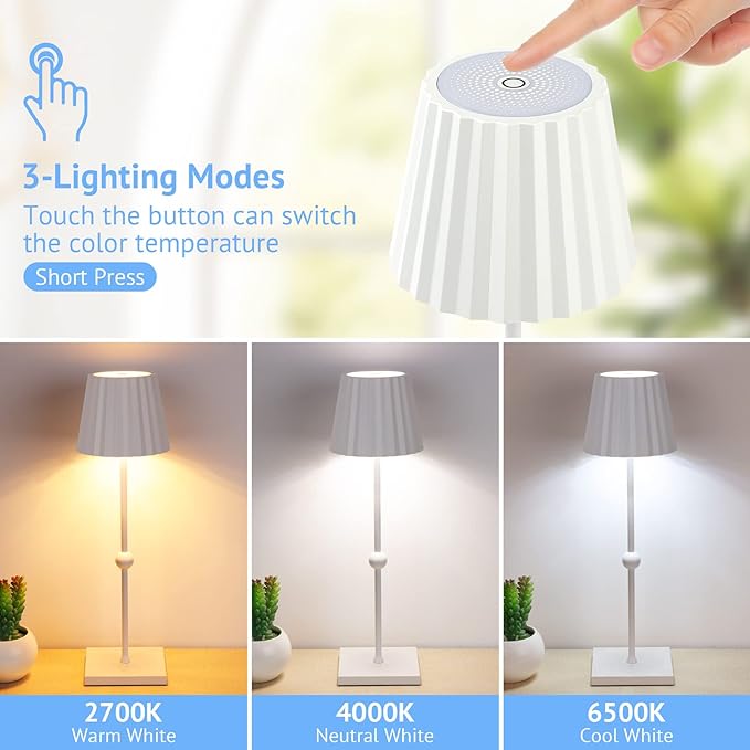 GGOYING Cordless Table Lamp,5200mAh Portable Rechargeable LED Lamp with 3 Color Stepless Dimming, Minimalist Battery Night Light for Dinner Camping(White) - LeafyLoom