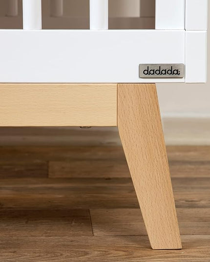 dadada Baby Soho 3-in-1 Convertible Crib – Made in Italy, GREENGUARD Gold, Adjustable Mattress Height, Solid Beechwood – Baby-Safe Finish, Modern Design 53.15 x 29.95 x 36.7 in (White + Natural) - LeafyLoom