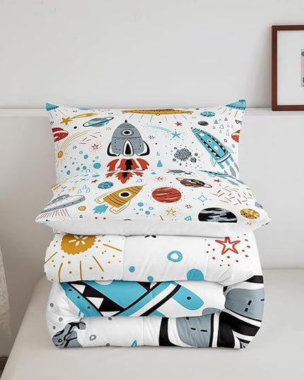 Erosebridal Outer Space Bedding Set Full Size Kids Boys Space Ship Rocket Comforter Set Cartoon Universe Stars Planet Down Comforter Cosmos Meteorite Quilt Duvet Set with 2 Pillow Cases - LeafyLoom