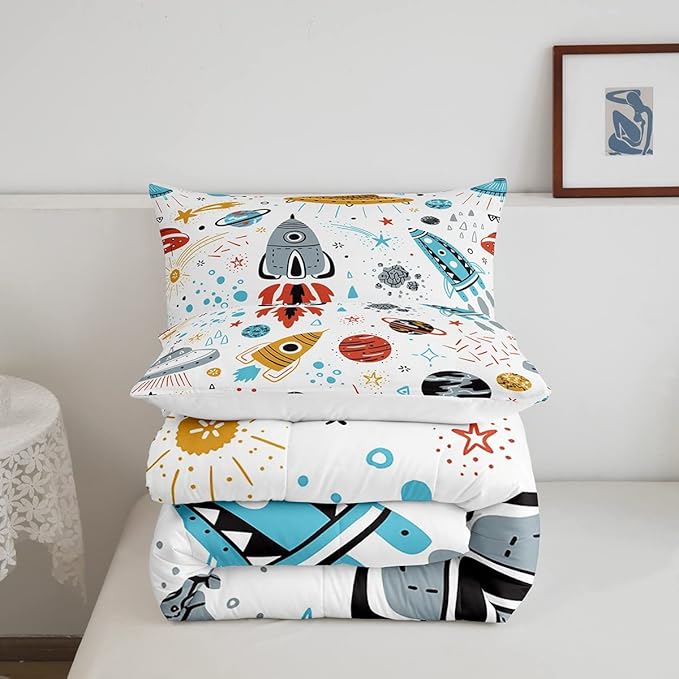 Erosebridal Outer Space Bedding Set Full Size Kids Boys Space Ship Rocket Comforter Set Cartoon Universe Stars Planet Down Comforter Cosmos Meteorite Quilt Duvet Set with 2 Pillow Cases - LeafyLoom