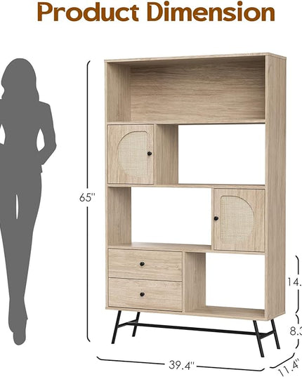 Soohow 4 Shelf Bookcase and Bookshelves with Drawer, 65” Tall Bookcases with Storage Shelves, Bookshelves and Bookcases with Rattan Cabinet and Metal Legs for Home Office, Living Room and Bedroom. - LeafyLoom