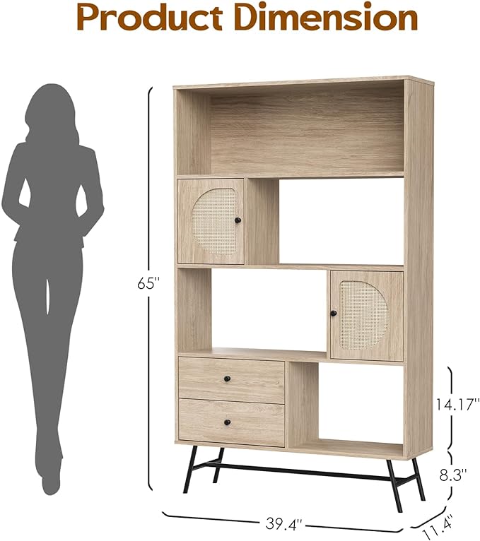 Soohow 4 Shelf Bookcase and Bookshelves with Drawer, 65” Tall Bookcases with Storage Shelves, Bookshelves and Bookcases with Rattan Cabinet and Metal Legs for Home Office, Living Room and Bedroom. - LeafyLoom