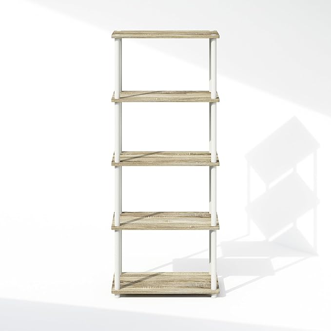 Furinno Turn-N-Tube 5-Tier Multipurpose Compact Display Rack, Shelving Unit, Bookcase, Sonoma Oak/White - LeafyLoom