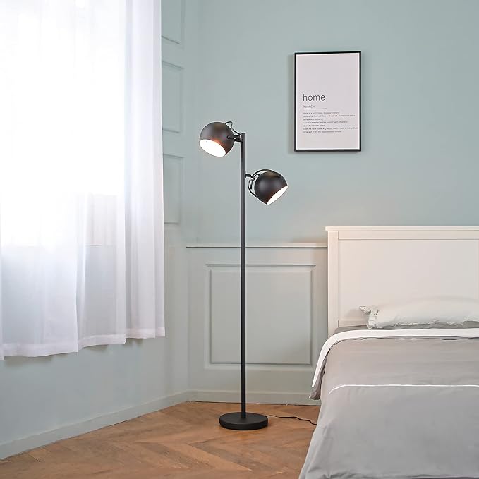 Globe Electric 67518 61" 2-Light Floor, Matte, Adjustable Lamp Heads, in-Line On Off Foot Switch, Miles (Black) - LeafyLoom