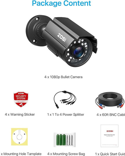 ZOSI 4 Pack 1080P 1920TVL Home Security Cameras Outdoor Indoor, Night Vision, IP66 Weatherproof 2MP Surveillance Camera, Work For 720P/1080P/5MP/4K HD-TVI,AHD,CVI analog CCTV DVR System (Black) ZOSI