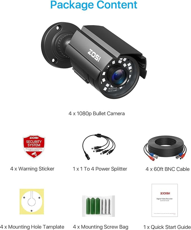 ZOSI 4 Pack 1080P 1920TVL Home Security Cameras Outdoor Indoor, Night Vision, IP66 Weatherproof 2MP Surveillance Camera, Work For 720P/1080P/5MP/4K HD-TVI,AHD,CVI analog CCTV DVR System (Black) ZOSI