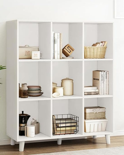 IOTXY Open Cube Low Bookcase - 3-Tier Freestanding Storage Display Cabinet Organizer with Legs for Home Office, 9-Cubes Open Shelf Short Bookshelf, White - LeafyLoom