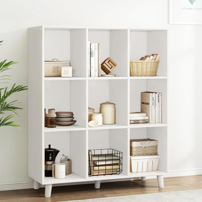 IOTXY Open Cube Low Bookcase - 3-Tier Freestanding Storage Display Cabinet Organizer with Legs for Home Office, 9-Cubes Open Shelf Short Bookshelf, White - LeafyLoom