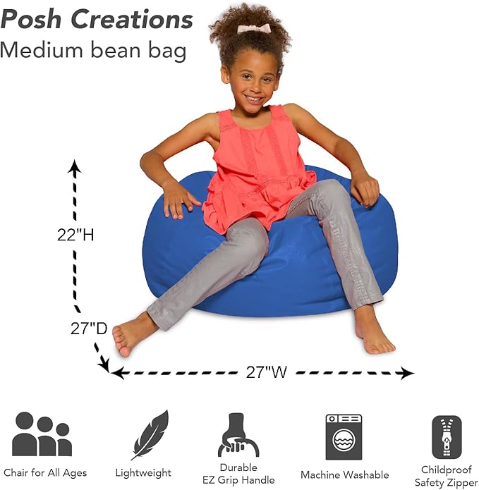 Posh Creations Bean Bag Chair for Kids, Teens, and Adults Includes Removable and Machine Washable Cover, Solid Royal Blue, 27in - Medium - LeafyLoom
