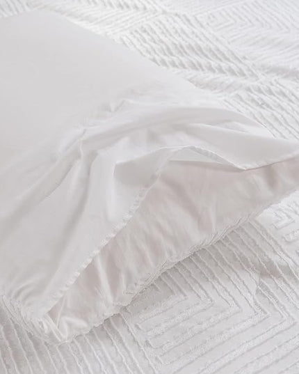 Queen Comforter Set, White Boho Bedding Comforter Sets Extra Fluffy, Tufted Design Bed Comforter 3 Pieces (1 Comforter, 2 Pillowcases) - LeafyLoom