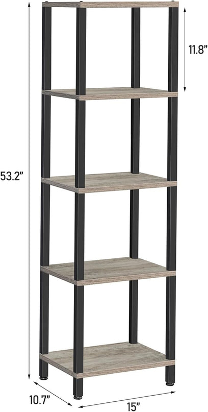 TUTOTAK Bookshelf, 5-Tier Tall Book Shelf, Narrow Bookcase for Small Space, DIY Stackable Bookshelf, for Living Room, Office, Study, Entryway, Industrial, Greige and Black BS01BG005 - LeafyLoom