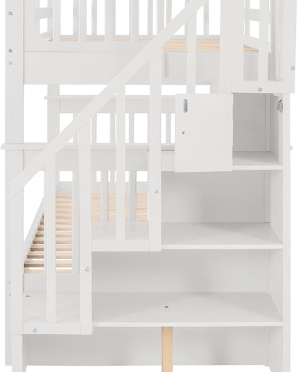 Twin Over Twin Bunk Bed with Stairs Storage and Trundle, Stairway Wooden 3 Bedframes in 1 with Safety Guardrails, for Kids Teens Adult Bedroom, White - LeafyLoom