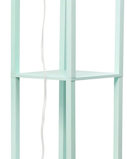 Simple Designs LF1014-AQU-LB Three Shelf Etagere Organizer Storage Floor Lamp with White Linen Shade for Living Room, Bedroom, Office, Hallway, Aqua, with Feit LED Bulb Included - LeafyLoom