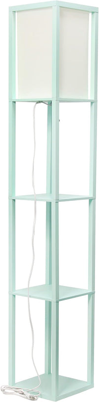Simple Designs LF1014-AQU-LB Three Shelf Etagere Organizer Storage Floor Lamp with White Linen Shade for Living Room, Bedroom, Office, Hallway, Aqua, with Feit LED Bulb Included - LeafyLoom