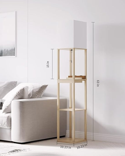 SUNMORY Floor Lamp with Shelves,Modern Dimmable Wood Standing Lamp with 1 Drawer and 2 USB Ports & 2 Power Outlet,Corner Tall Bookshelf Lamp for Living Room and Bedroom(Wood Color) - LeafyLoom