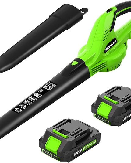 SEYVUM Leaf Blower, 20V Cordless Leaf Blower with 2 Pcs Battery, Electric Leaf Blower for Lawn Care, 320CFM 150MPH Battery Powered Leaf Blower, for Patio, Garden Cleaning, Fast Charger Included, Green - LeafyLoom