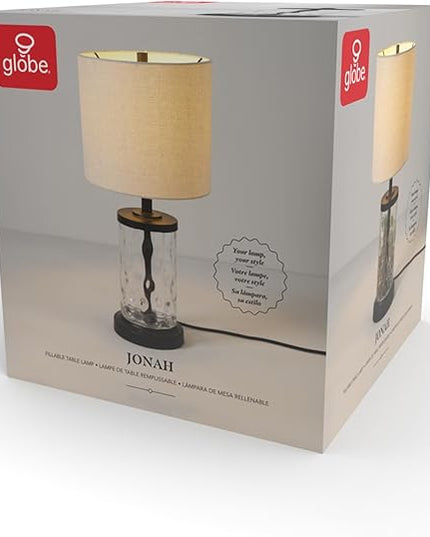 Globe Electric 61000044 20" Fillable Watered Glass Table Lamp, Oil-Rubbed Bronze Base, Beige Linen Shade, Black Cord, On/Off Rotary Switch - LeafyLoom