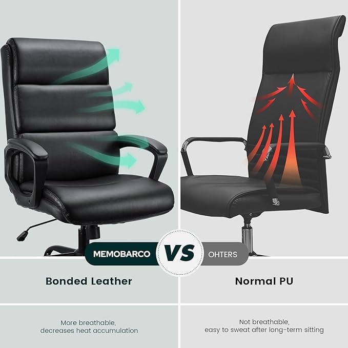 Leather Office Chair, Bonded Leather Executive Computer Chair, High Back Desk Chair with Padded Armrest, Thickened Cushion, Swivel Chair for Home, Meeting, Conference - Black - LeafyLoom