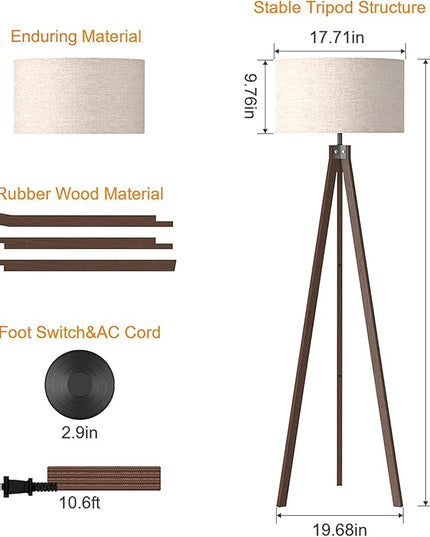 LEPOWER Wood Floor Lamp Tripod, Mid Century Lamps for Living Room, Modern Design Standing Lamp for Bedroom and Office, Flaxen Lamp Shade with E26 Lamp Base Brown - LeafyLoom