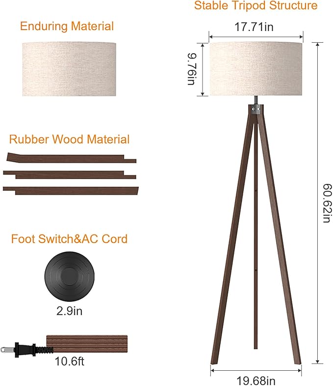 LEPOWER Wood Floor Lamp Tripod, Mid Century Lamps for Living Room, Modern Design Standing Lamp for Bedroom and Office, Flaxen Lamp Shade with E26 Lamp Base Brown - LeafyLoom