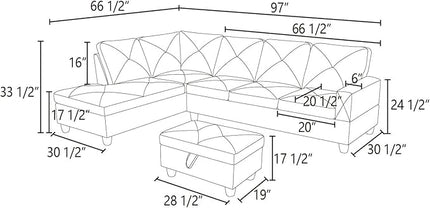 ROOMTEC L Shape Sectional Sofa Set, 5 Seat Upholstered Corner Couch with Storage Ottoman & Left Chaise Lounge, Luxurious Linen Tufted Cushions, for Living Room, Apartment, Black - LeafyLoom