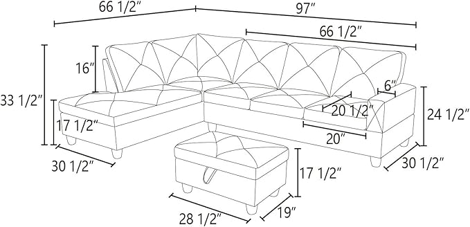 ROOMTEC L Shape Sectional Sofa Set, 5 Seat Upholstered Corner Couch with Storage Ottoman & Left Chaise Lounge, Luxurious Linen Tufted Cushions, for Living Room, Apartment, Black - LeafyLoom