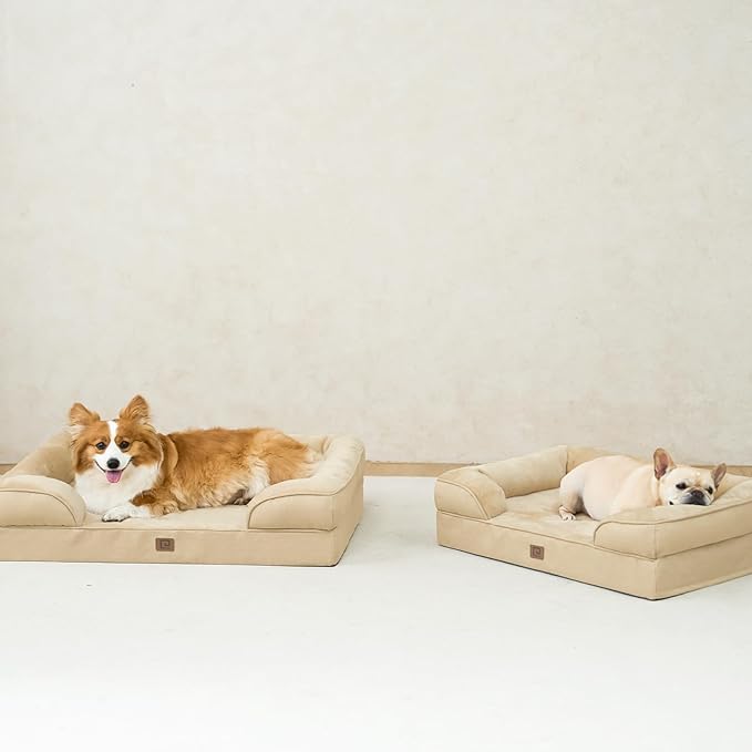 EHEYCIGA Orthopedic Dog Beds for Large Dogs, Waterproof Memory Foam Large Dog Bed with Sides, Non-Slip Bottom and Egg-Crate Foam Large Dog Couch Bed with Washable Removable Cover, Greige EHEYCIGA