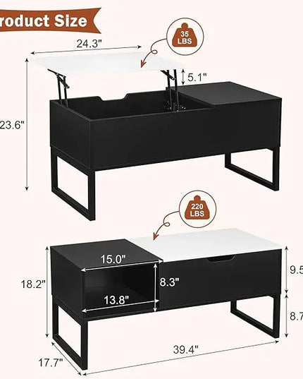 Black Coffee Table with White Lift Top - Modern Industrial Coffee Table with Lifting Top and Hide Compartment Storage - 40 Inch Rectangle Lift Coffee Tables for Living Room - LeafyLoom