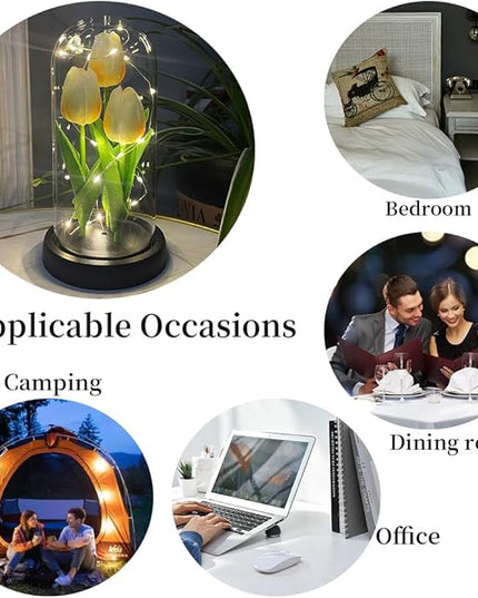 LED Tulip Lamp Artificial Flower Night Light Handmade Light up Tulips in Glass Dome Table Lamp Ornaments Desktop Decor - Battery Operated (Champagne) - LeafyLoom