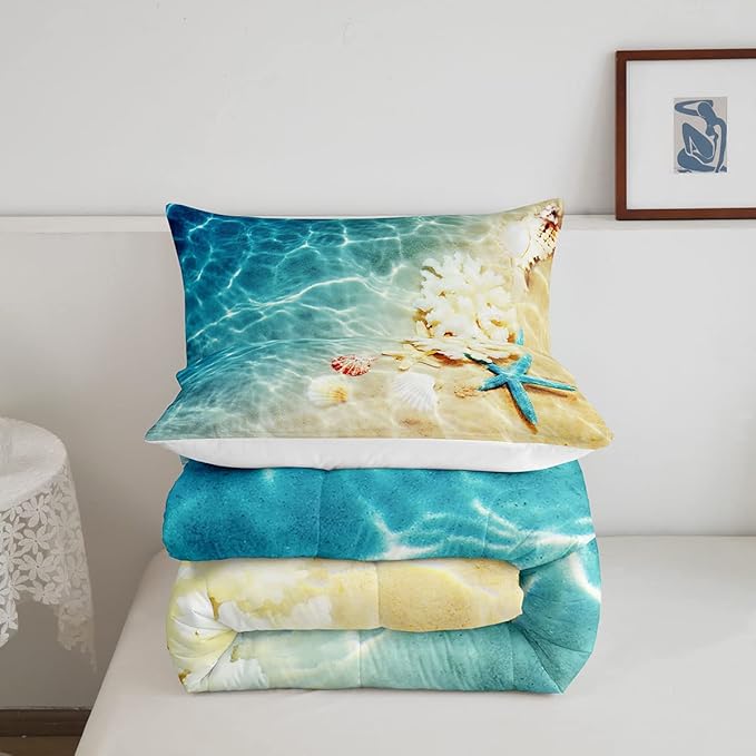 Ocean Comforter Set Full Beach Bedding Set Coastal Nature Theme Pattern Teal Duvet Set Boys Girls Hawaiian Quilt Sets Sea Wave Animals Starfish Reversible Comforter Set 2 Pillowcases, Blue Room Decor - LeafyLoom