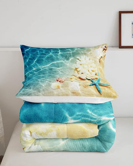 Ocean Comforter Set Twin Beach Bedding Set Coastal Nature Theme Teal Duvet Set Boys Girls Hawaiian Quilt Sets Sea Wave Animals Shell Starfish Reversible Comforter Set 1 Pillowcase, Blue Room Decor - LeafyLoom