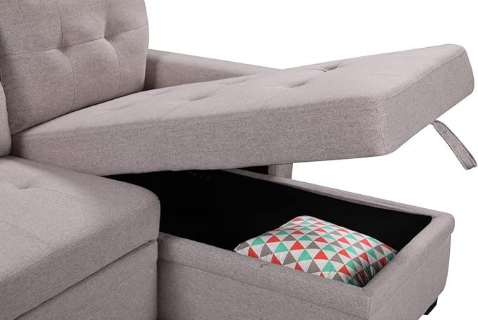 L-Shaped Reversible Sofa, with Side Pocket, USB Charger and Pull-Out Sleeper Bed, 84" Tufted Upholstered Couch, for Compact Space, Living Room, Bedroom, Apartment-Light Gray, 84 Inch - LeafyLoom