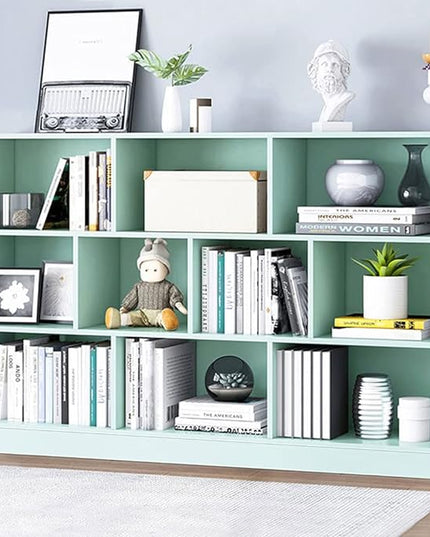 IOTXY Open Shelf Low Bookcase - Wooden 3-Tier Floor Standing Display Cabinet Organizer with Base, 10 Cubes Short Horizontal Bookshelf in Tiffany-Green - LeafyLoom