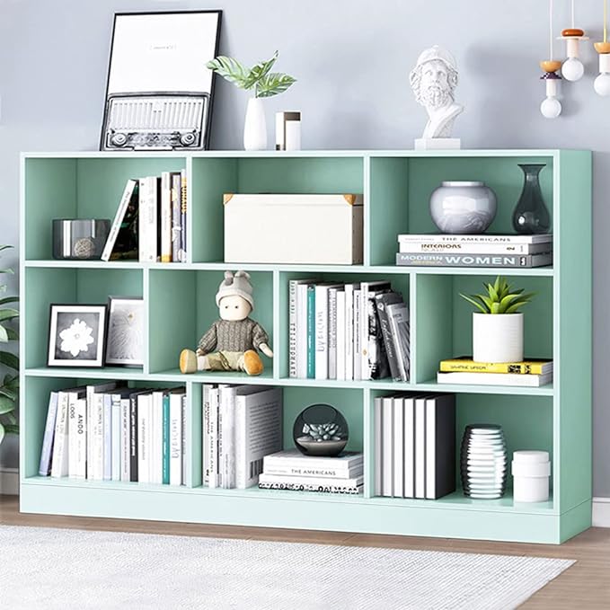 IOTXY Open Shelf Low Bookcase - Wooden 3-Tier Floor Standing Display Cabinet Organizer with Base, 10 Cubes Short Horizontal Bookshelf in Tiffany-Green - LeafyLoom