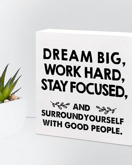 Motivational Wood Box Sign Desk Decor,Dream Big Work Hard Stay Focused Wood Plaque Signs,Rustic Positive Wooden Block Sign Decor for Office Workplace Classroom Shelf Table Decoration C1077 - LeafyLoom