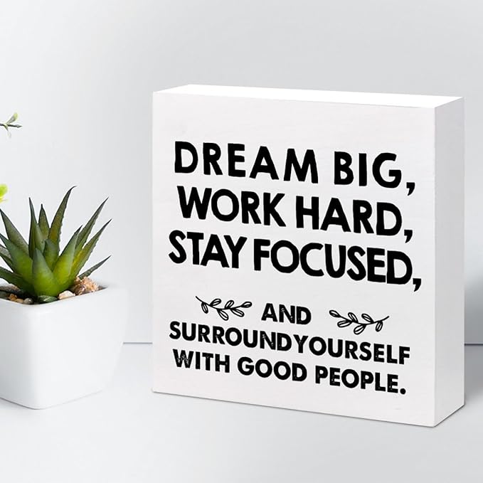 Motivational Wood Box Sign Desk Decor,Dream Big Work Hard Stay Focused Wood Plaque Signs,Rustic Positive Wooden Block Sign Decor for Office Workplace Classroom Shelf Table Decoration C1077 - LeafyLoom