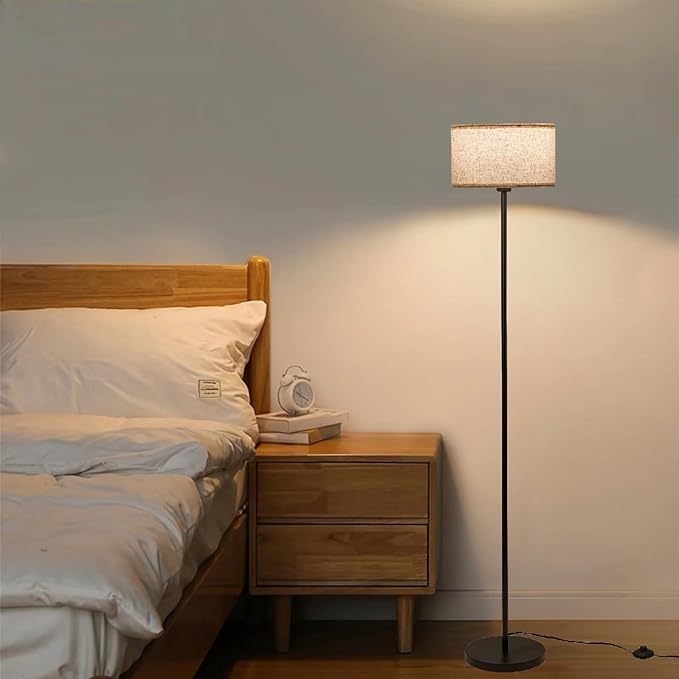 Modern Simple Floor Lamp Design with White Shade, Foot Pedal Switch, Minimalism floor Lamp for Living Room Bedroom Office Dining Room Kitchen, Black Pole Lamp (with Bulb) - LeafyLoom