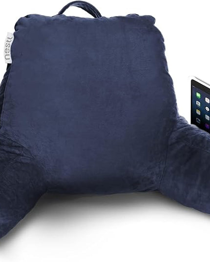 Nestl Reading Pillow with Portable Laptop Lap Desk, Velvet Feel Back Pillow for Sitting in Bed, Shredded Memory Foam Back Support Pillow for Bed, Bed Rest Pillow with Arms, Small - Navy - LeafyLoom