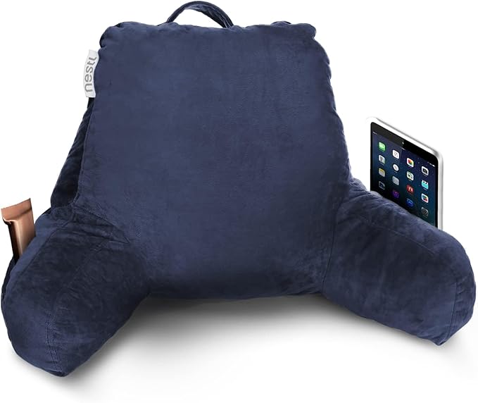 Nestl Reading Pillow with Portable Laptop Lap Desk, Velvet Feel Back Pillow for Sitting in Bed, Shredded Memory Foam Back Support Pillow for Bed, Bed Rest Pillow with Arms, Small - Navy - LeafyLoom
