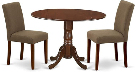 East West Furniture DLAB3-MAH-18 3 Piece Dining Set Contains a Round Dining Room Table with Dropleaf and 2 Coffee Linen Fabric Upholstered Parson Chairs, 42x42 Inch, Mahogany - LeafyLoom