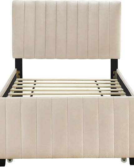 Twin Bed Frame with Trundle Bed,Velvet Upholstered Bed Frame,Twin Size Trundle Bed with Headboard,Upholstered Platform Bed Twin for Kids Teens Adults(Beige) - LeafyLoom